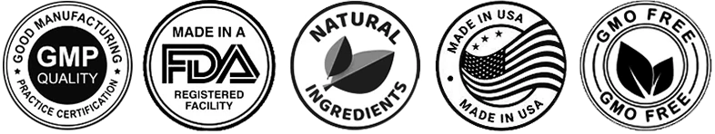 Seller-stated badges: GMP, FDA-registered facility, natural ingredients, made in USA, GMO free